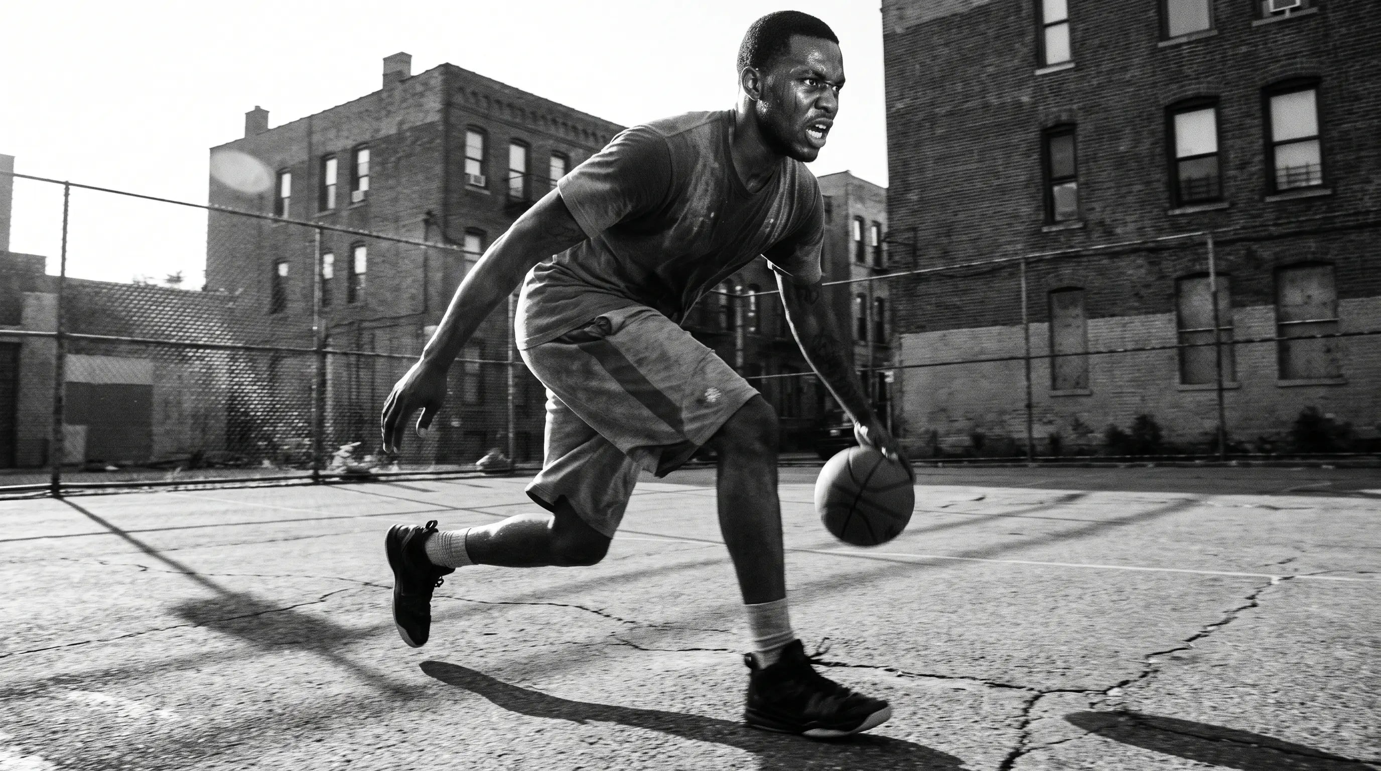Basketball player dribbling on an urban court